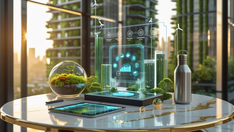 Futuristic Eco-Friendly Workspace with Holographic Sustainability Data, Miniature Green Ecosystem, and Modern Green Architecture in the Background