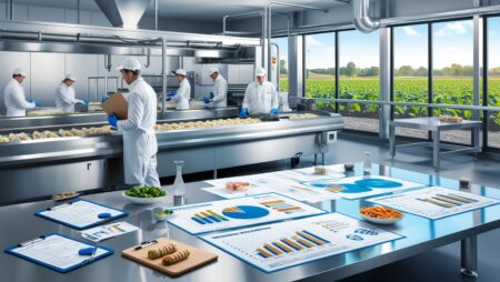 Modern food processing facility with stainless steel lines, safety-geared workers, and a business executive reviewing a food processing business plan with charts, checklists, and product samples.