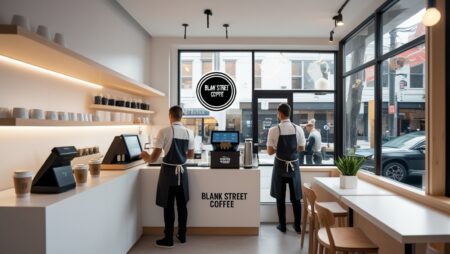 Modern micro coffee shop with Blank Street Coffee logo, minimalist design, and efficient service, showcasing the Blank Street Coffee Franchise.